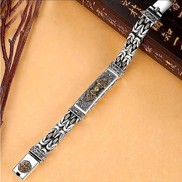 Stainless Steel Chain Link Bracelet, Mantra, Curb Hand Woven Engraved - Picture 6 of 6